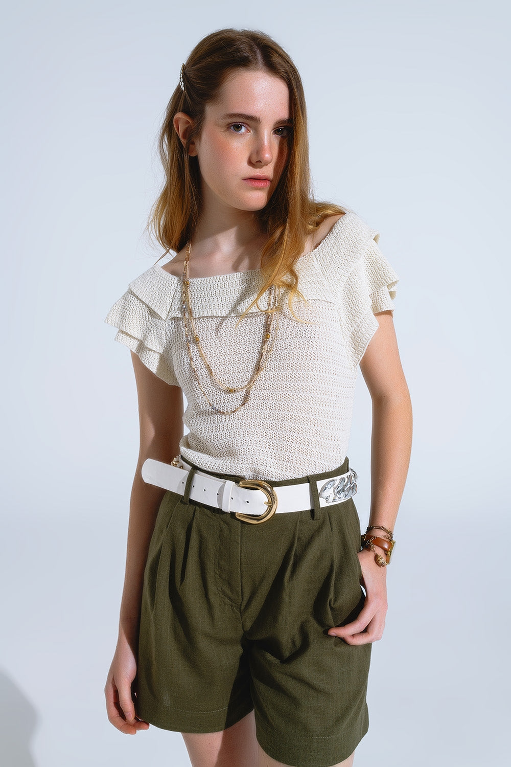 Cream Croched Short Sleeve Sweater With Boat Neck