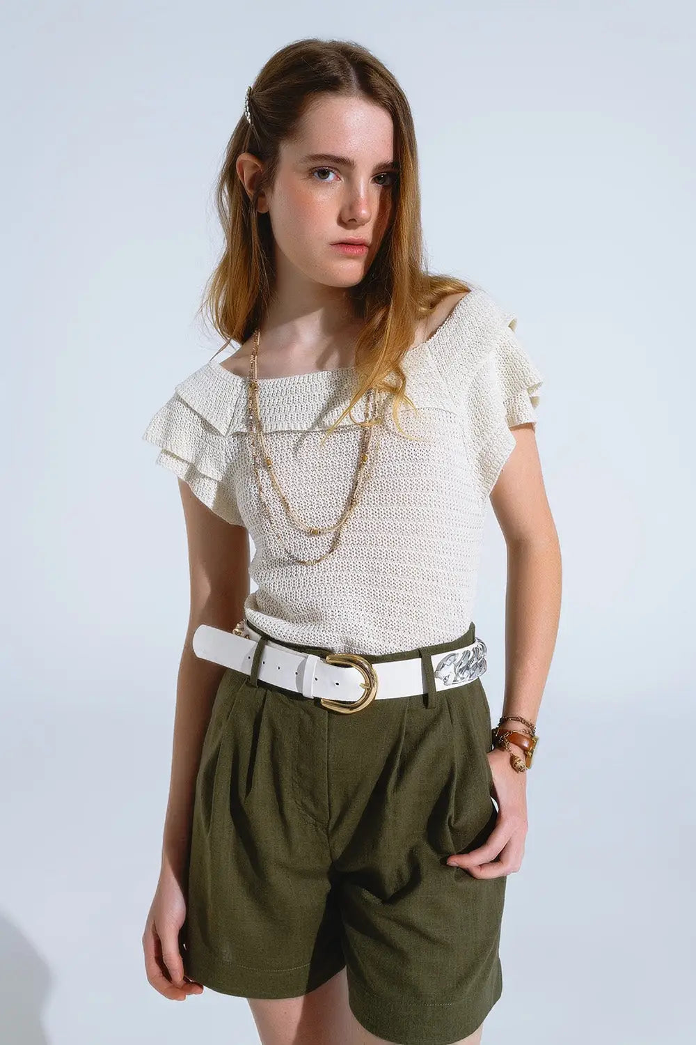 Cream Croched Short Sleeve Sweater With Boat Neck - Sweaters