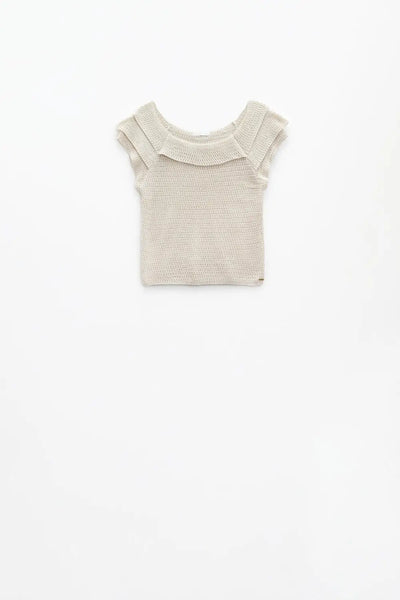 Cream Croched Short Sleeve Sweater With Boat Neck - Sweaters