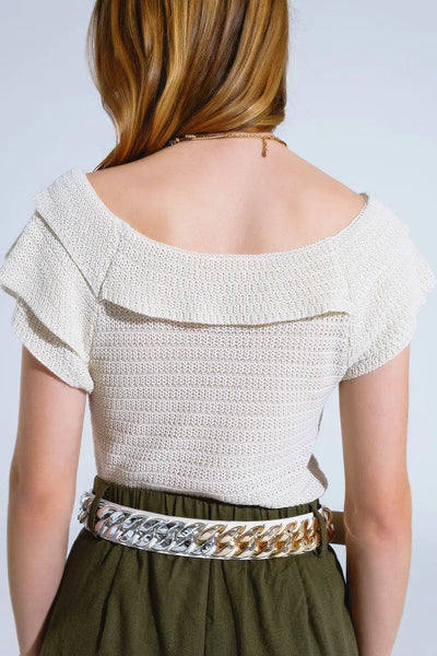 Cream Croched Short Sleeve Sweater With Boat Neck - Sweaters