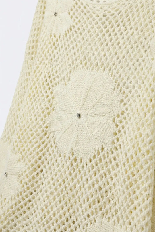 Cream Crochet Floral Accent With Diamante Long Sleeve Sweater - Sweaters