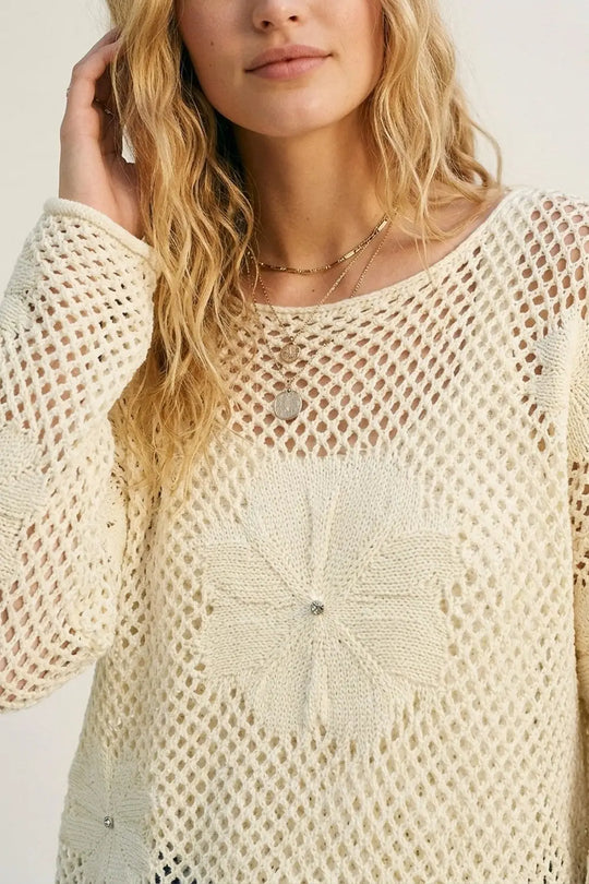 Cream Crochet Floral Accent With Diamante Long Sleeve Sweater - Sweaters