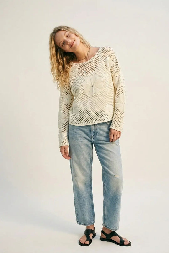 Cream Crochet Floral Accent With Diamante Long Sleeve Sweater - Sweaters