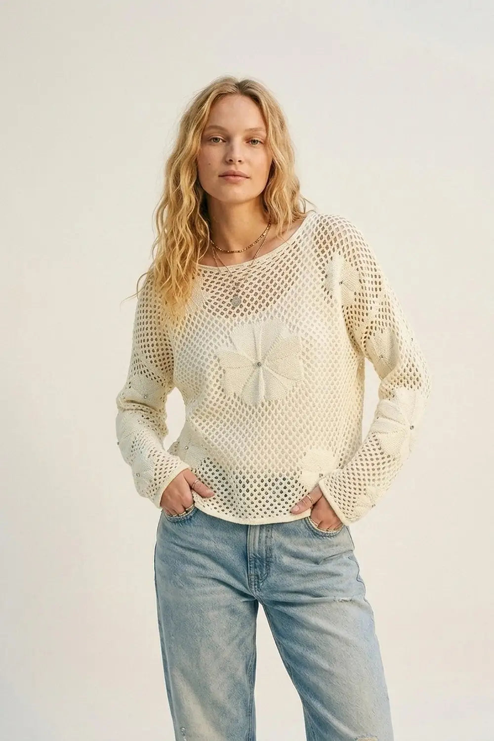Q2 Cream Crochet Floral Accent With Diamante Long Sleeve Sweater