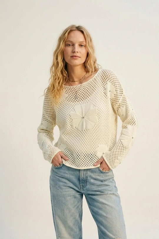 Q2 Cream Crochet Floral Accent With Diamante Long Sleeve Sweater