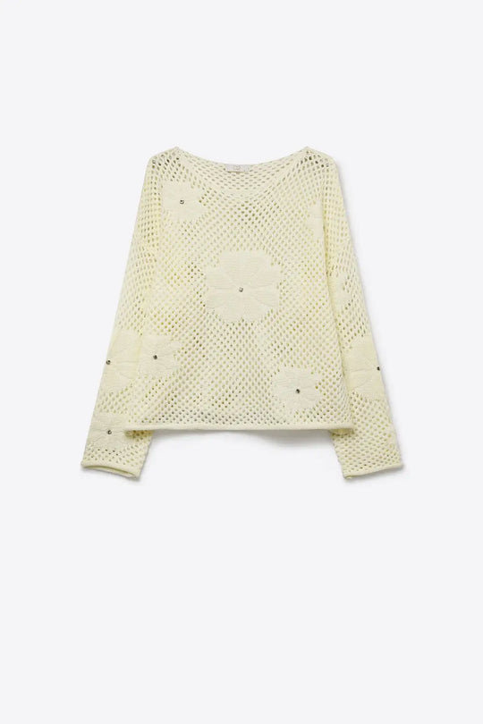 Cream Crochet Floral Accent With Diamante Long Sleeve Sweater - Sweaters