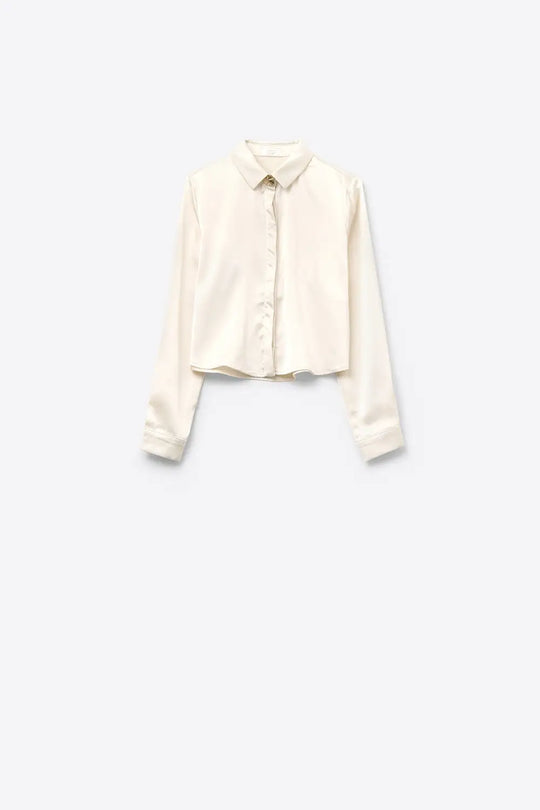 Q2 Cream cropped textured satin shirt