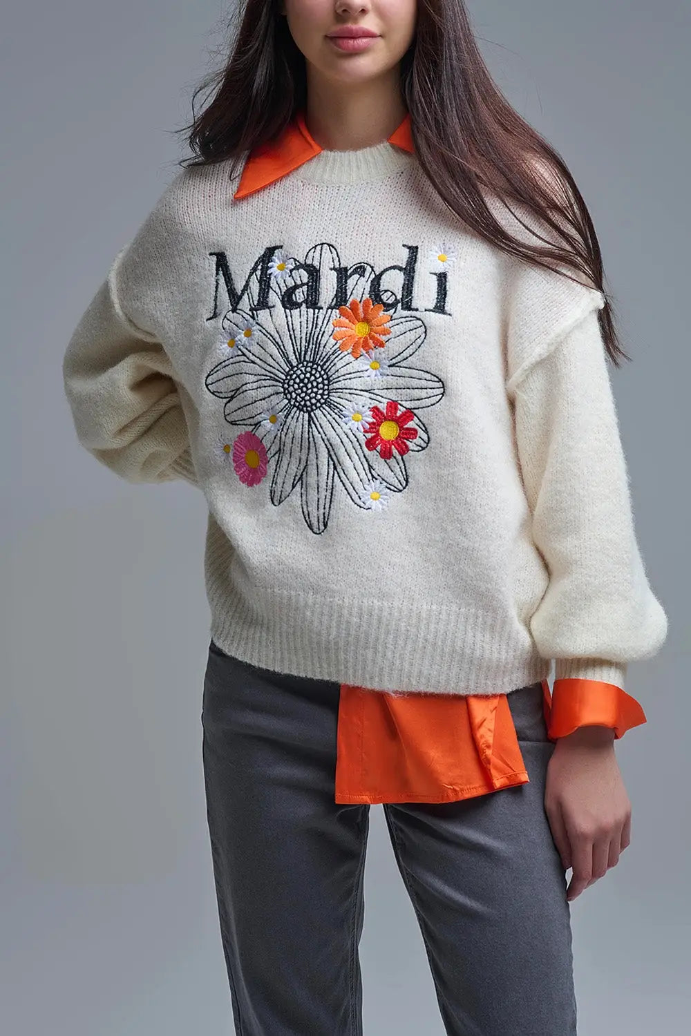Q2 Cream Embroidered Mardi Sweater With Flowers