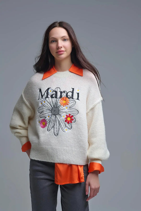 Cream Embroidered Mardi Sweater With Flowers - One Size / White - Sweaters