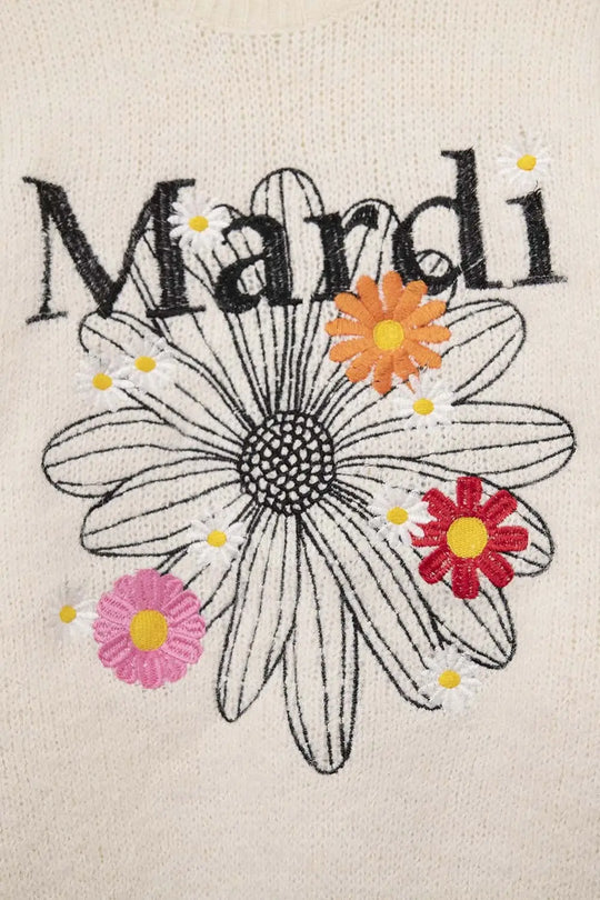 Cream Embroidered Mardi Sweater With Flowers - One Size / White - Sweaters