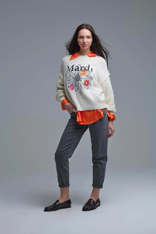 Cream Embroidered Mardi Sweater With Flowers - One Size / White - Sweaters
