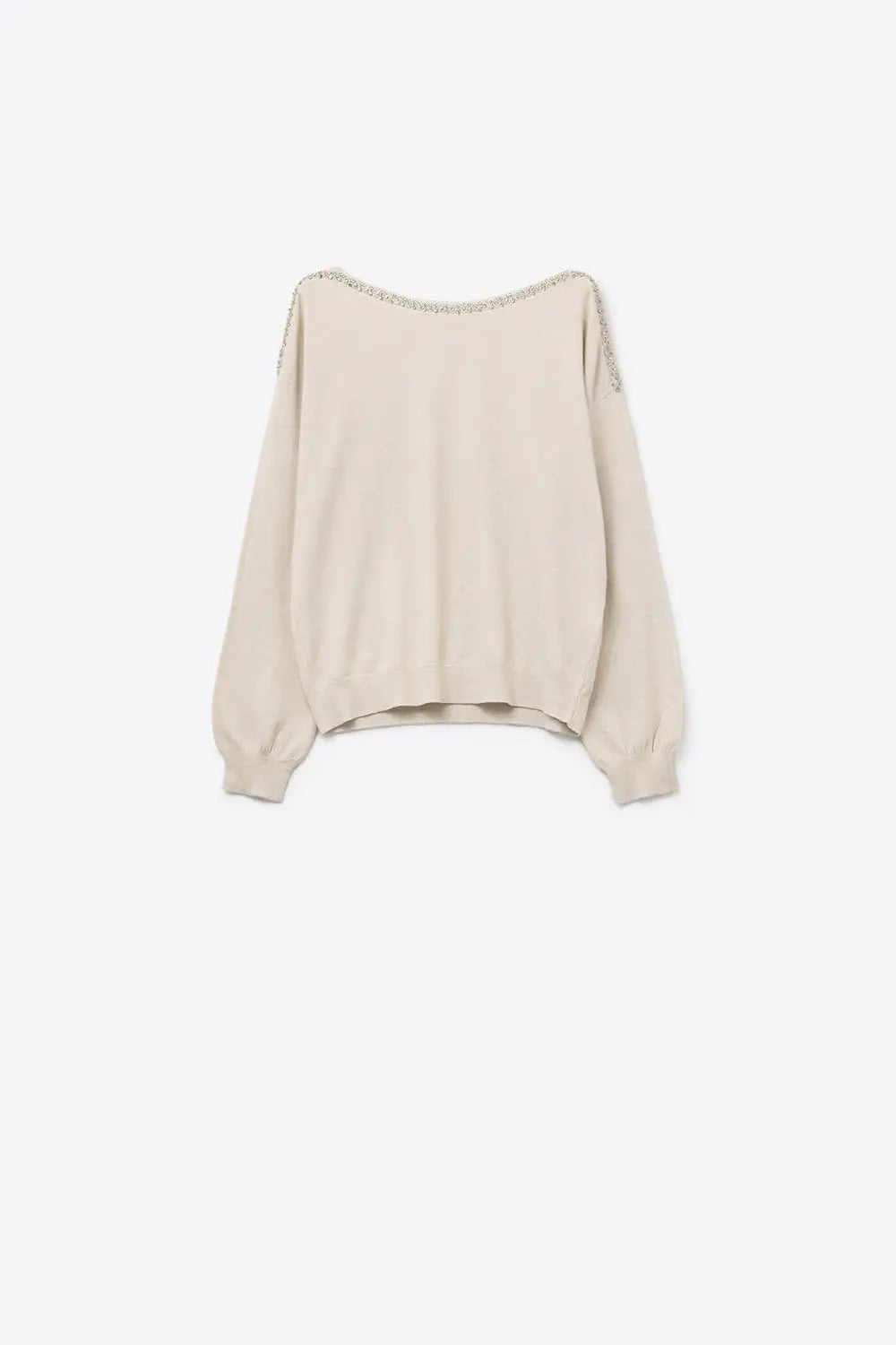 Q2 cream fine knit sweater with a boat neck and rhinestone detail