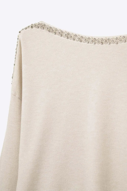 cream fine knit sweater with a boat neck and rhinestone detail - One Size / White