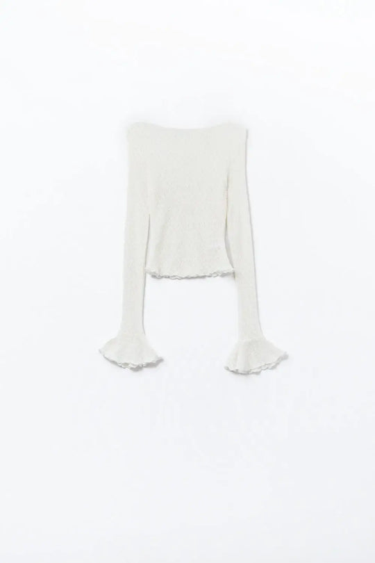 Q2 cream flared long sleeve t-shirt in lace fabric