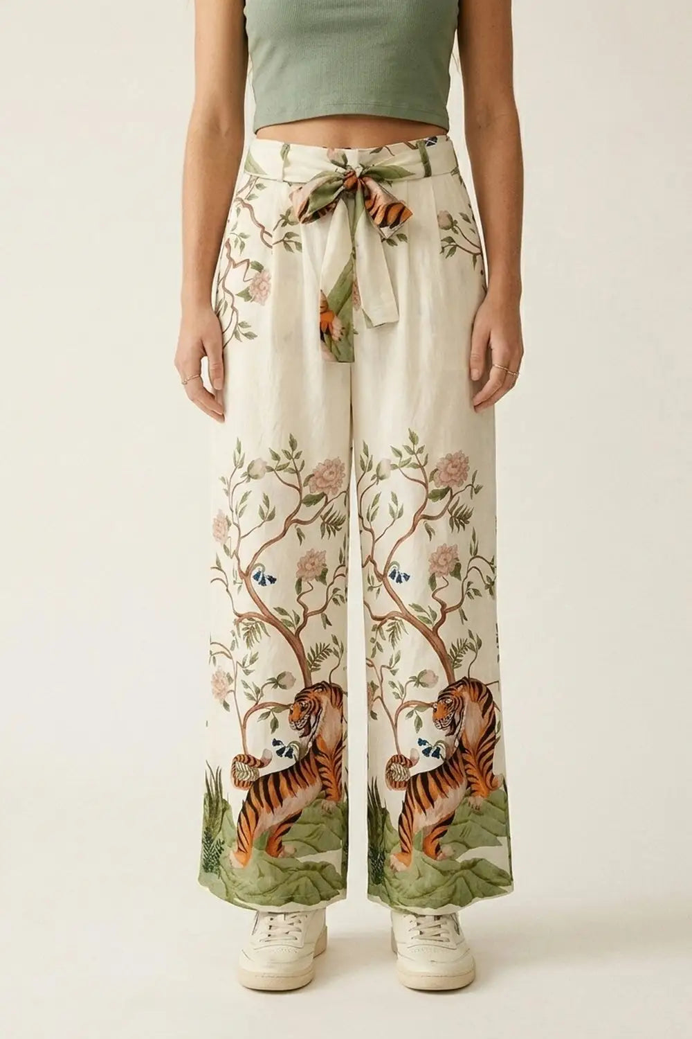 Q2 Cream Floral Print Lightweight Woven Tie Waist Wide Leg Pants
