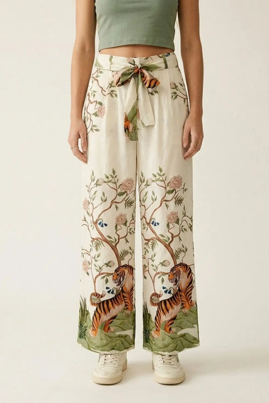 Q2 Cream Floral Print Lightweight Woven Tie Waist Wide Leg Pants