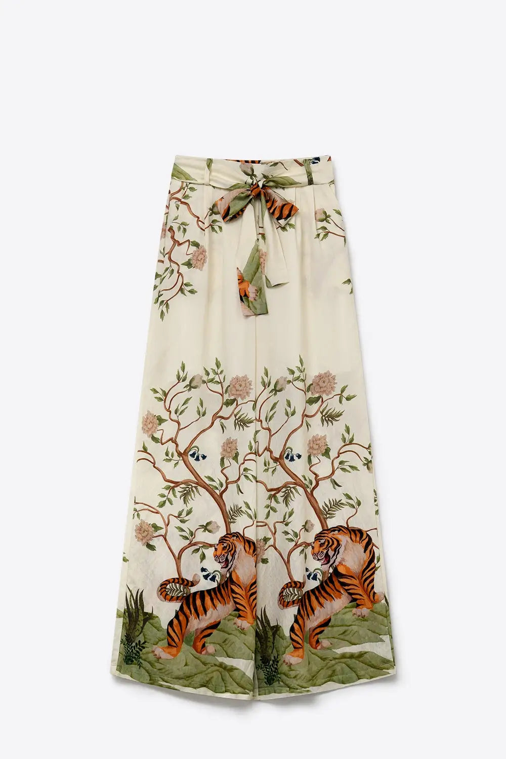 Cream Floral Print Lightweight Woven Tie Waist Wide Leg Pants - Pants