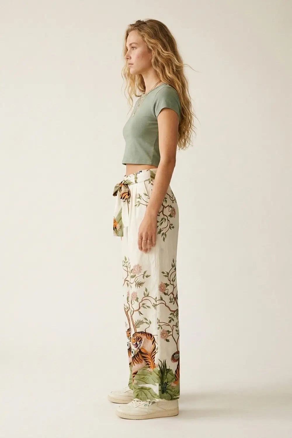 Cream Floral Print Lightweight Woven Tie Waist Wide Leg Pants - Pants