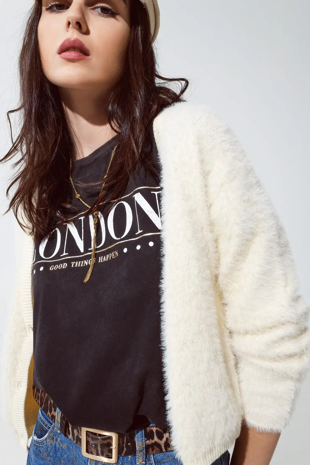 cream fluffy cardigan with silver buttons - Sweaters