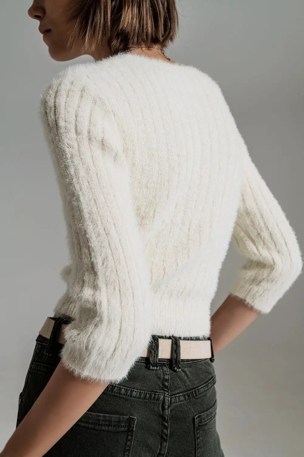 cream fluffy knit sweater with 3/4 sleeves - Sweaters