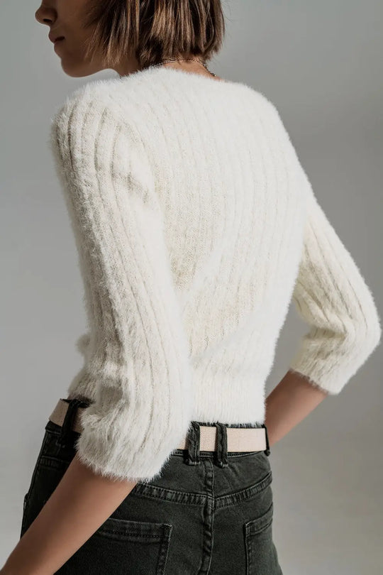 cream fluffy knit sweater with 3/4 sleeves - Sweaters