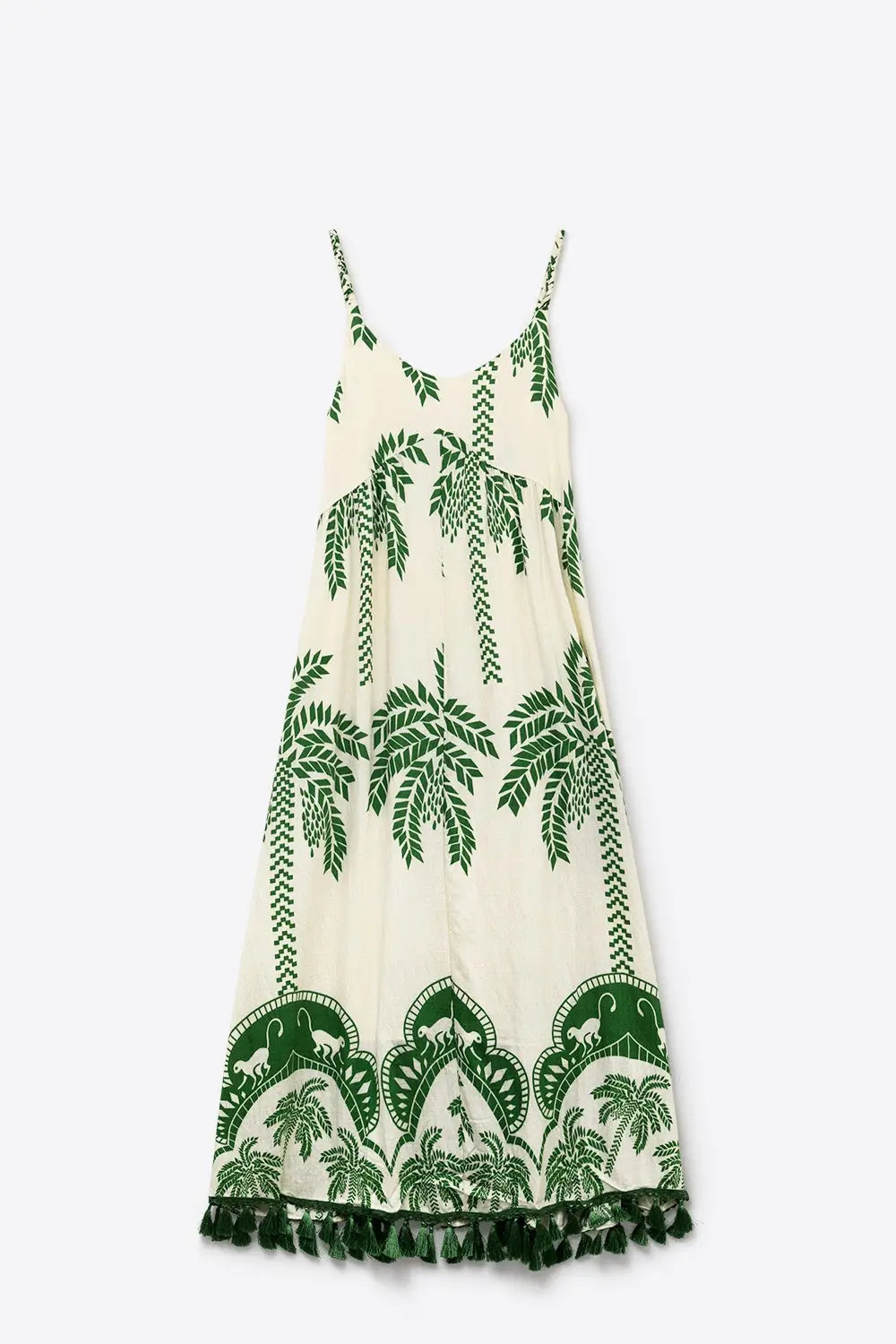Cream Green Palm Print Tassel Trim Relaxed Fit Maxi Dress - Dresses