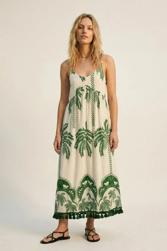 Cream Green Palm Print Tassel Trim Relaxed Fit Maxi Dress - Dresses