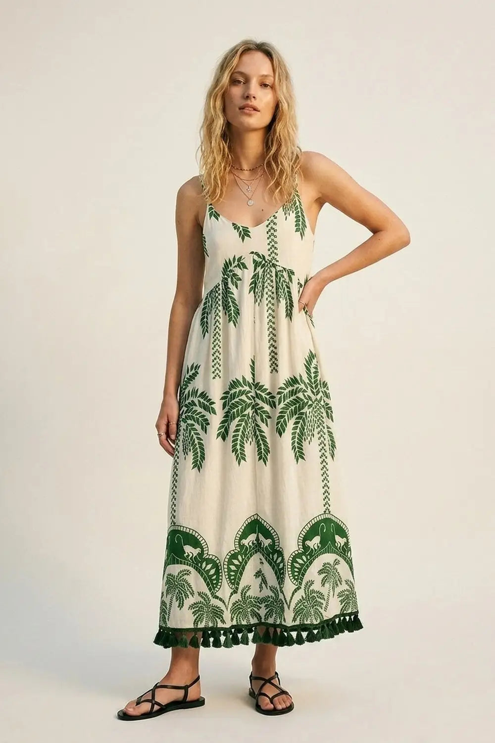 Q2 Cream Green Palm Print Tassel Trim Relaxed Fit Maxi Dress