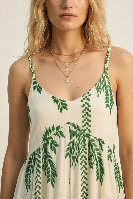 Cream Green Palm Print Tassel Trim Relaxed Fit Maxi Dress - Dresses