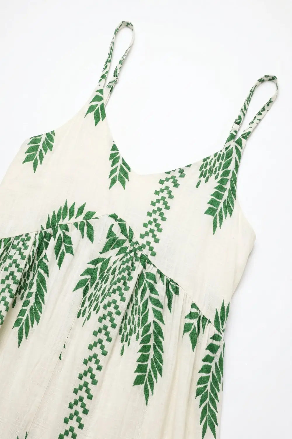 Cream Green Palm Print Tassel Trim Relaxed Fit Maxi Dress - Dresses