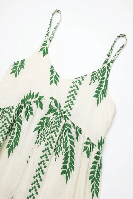 Cream Green Palm Print Tassel Trim Relaxed Fit Maxi Dress - Dresses