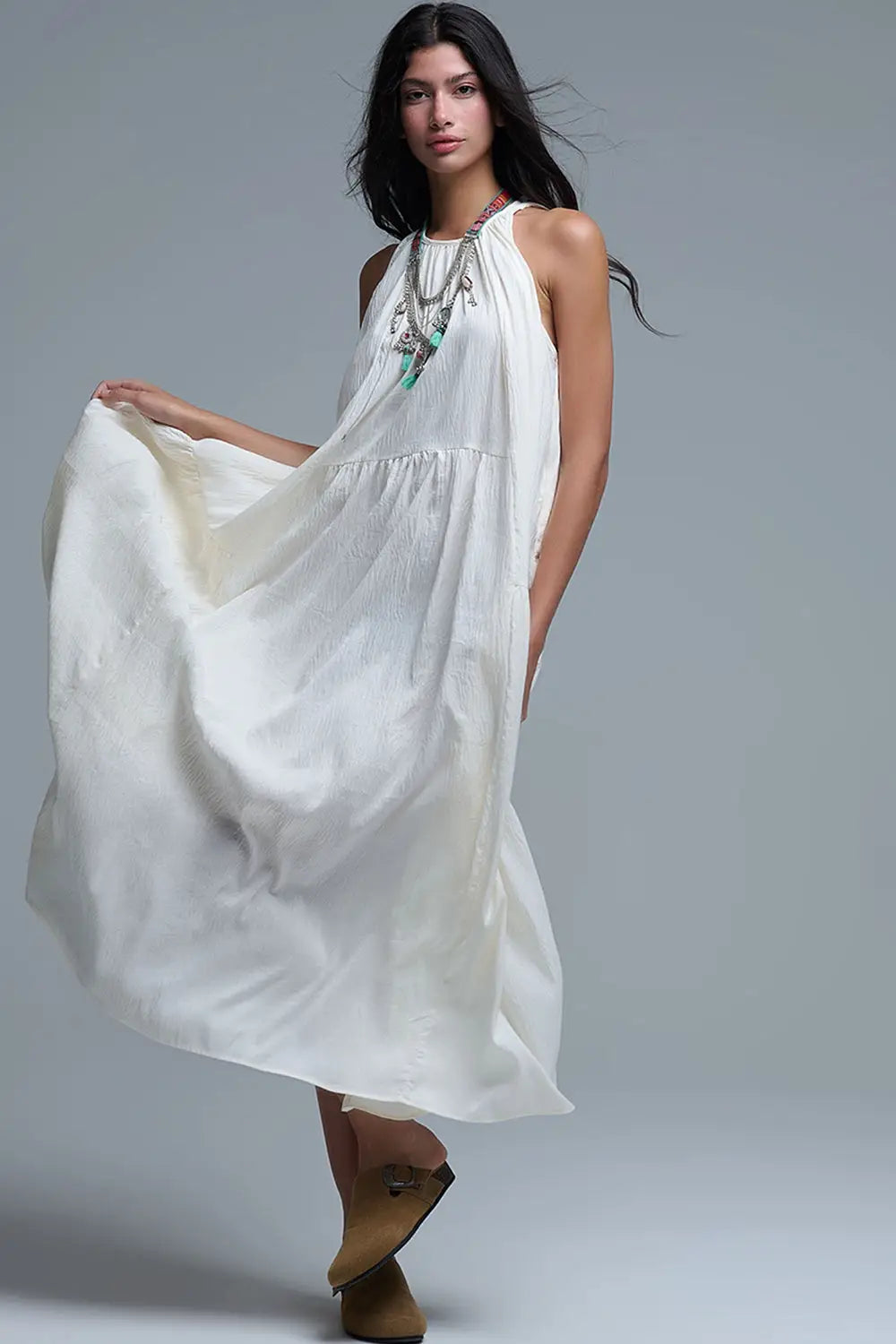 Q2 Cream Halter Neck Maxi Dress With Seam Detailing