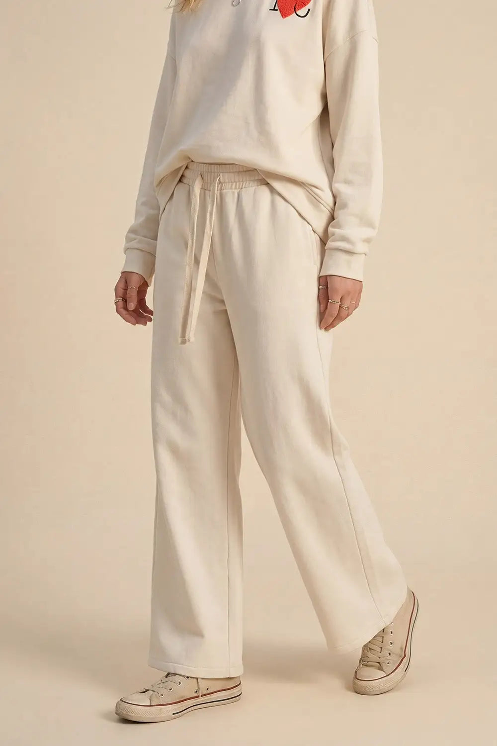 Cream Knit Straight Fit Sweatpants with elastic waist and Tie - One Size / White - Pants