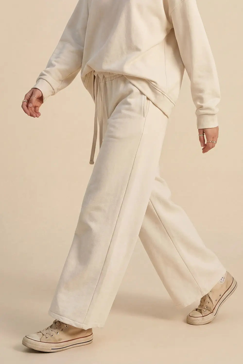 Cream Knit Straight Fit Sweatpants with elastic waist and Tie - One Size / White - Pants