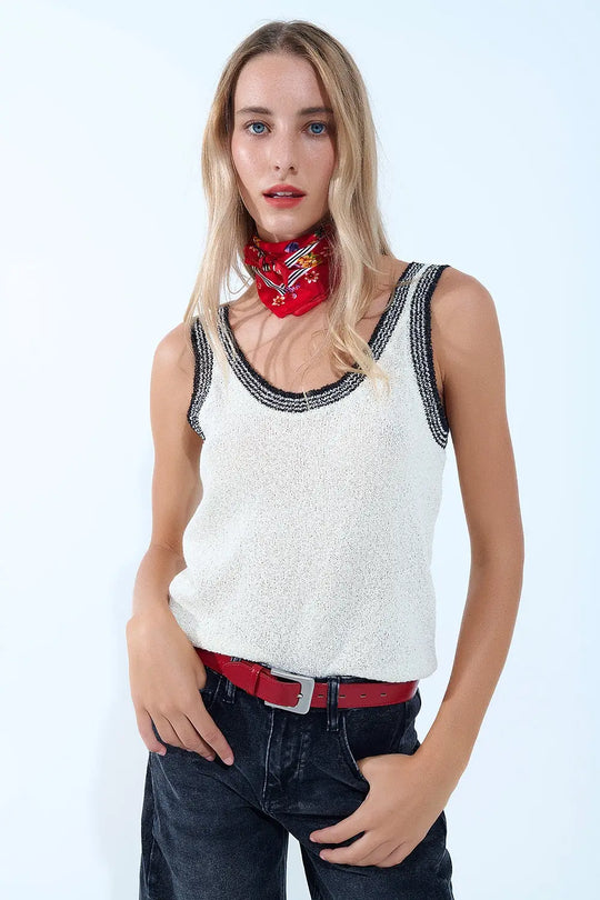 Q2 Cream Knit Tank Top with Black Trim