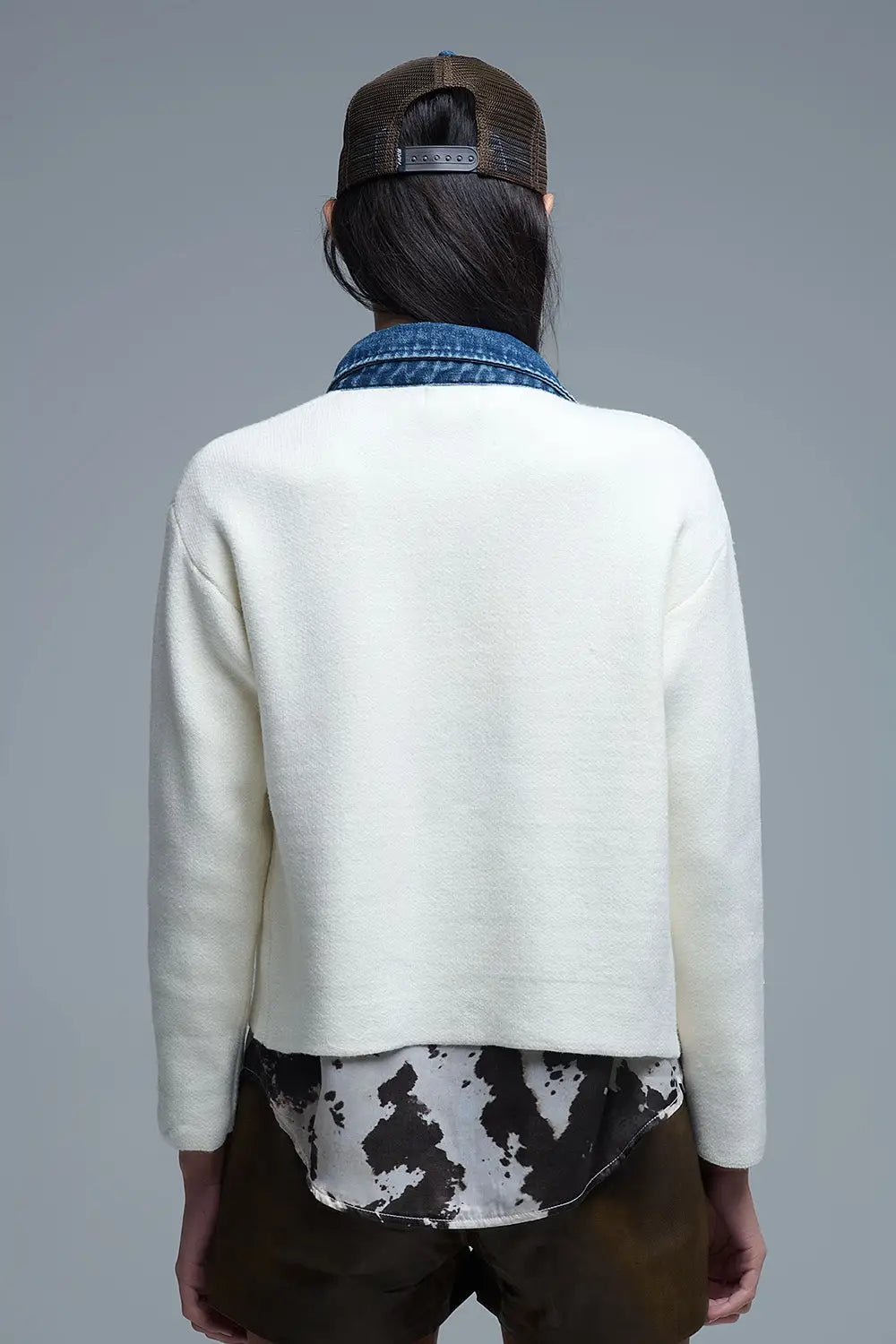 Cream Knitted Cardigan With Blue Denim Details - One Size / White - Coats and Jackets