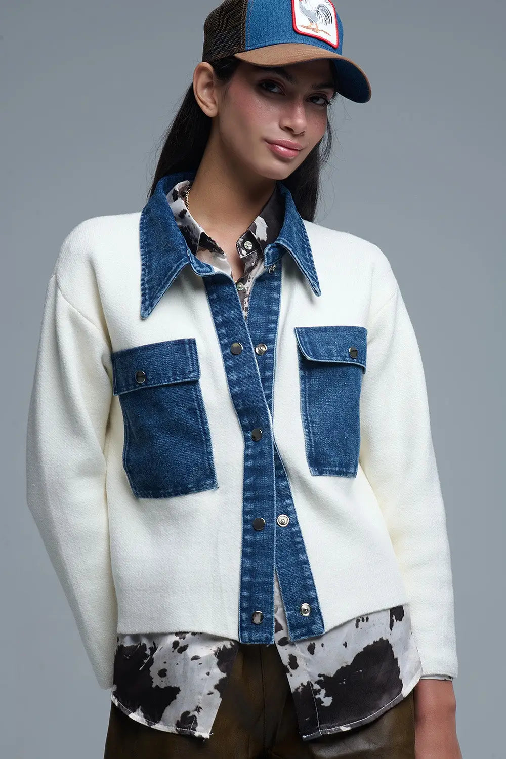 Cream Knitted Cardigan With Blue Denim Details - One Size / White - Coats and Jackets