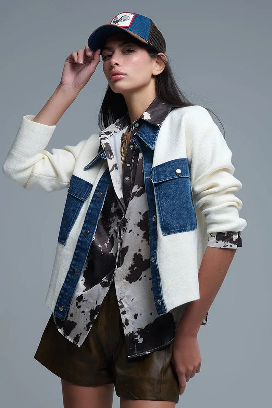 Cream Knitted Cardigan With Blue Denim Details - One Size / White - Coats and Jackets