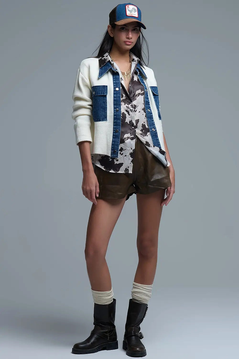 Cream Knitted Cardigan With Blue Denim Details - One Size / White - Coats and Jackets
