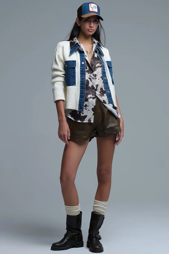 Cream Knitted Cardigan With Blue Denim Details - One Size / White - Coats and Jackets