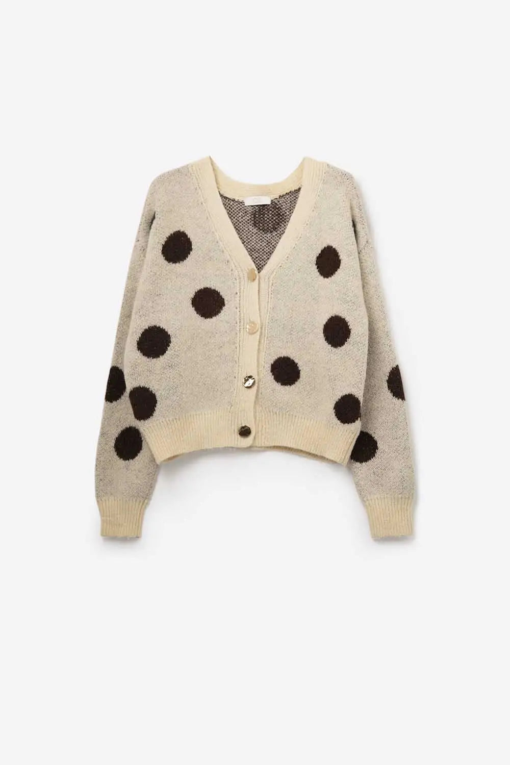 Cream knitted jacket with large brown polka dots and gold buttons - One Size / White - Sweaters