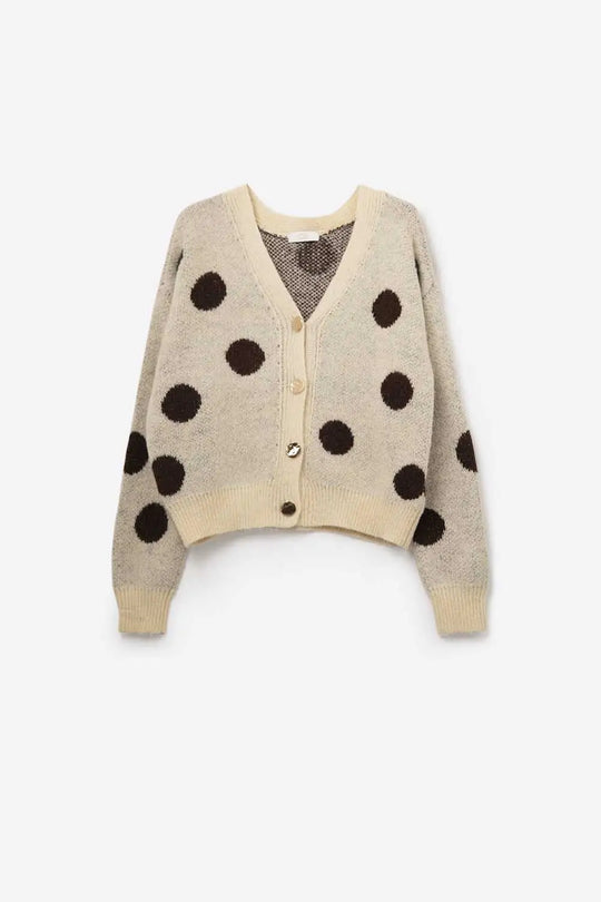 Cream knitted jacket with large brown polka dots and gold buttons - One Size / White - Sweaters