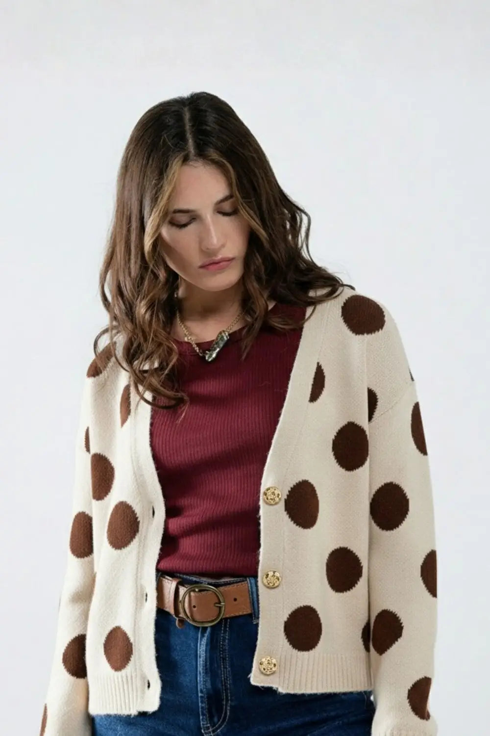 Cream knitted jacket with large brown polka dots and gold buttons - One Size / White - Sweaters