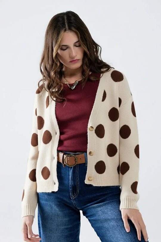 Q2 Cream knitted jacket with large brown polka dots and gold buttons