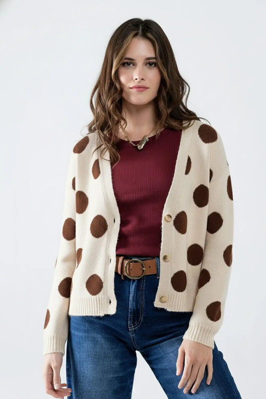 Cream knitted jacket with large brown polka dots and gold buttons - One Size / White - Sweaters