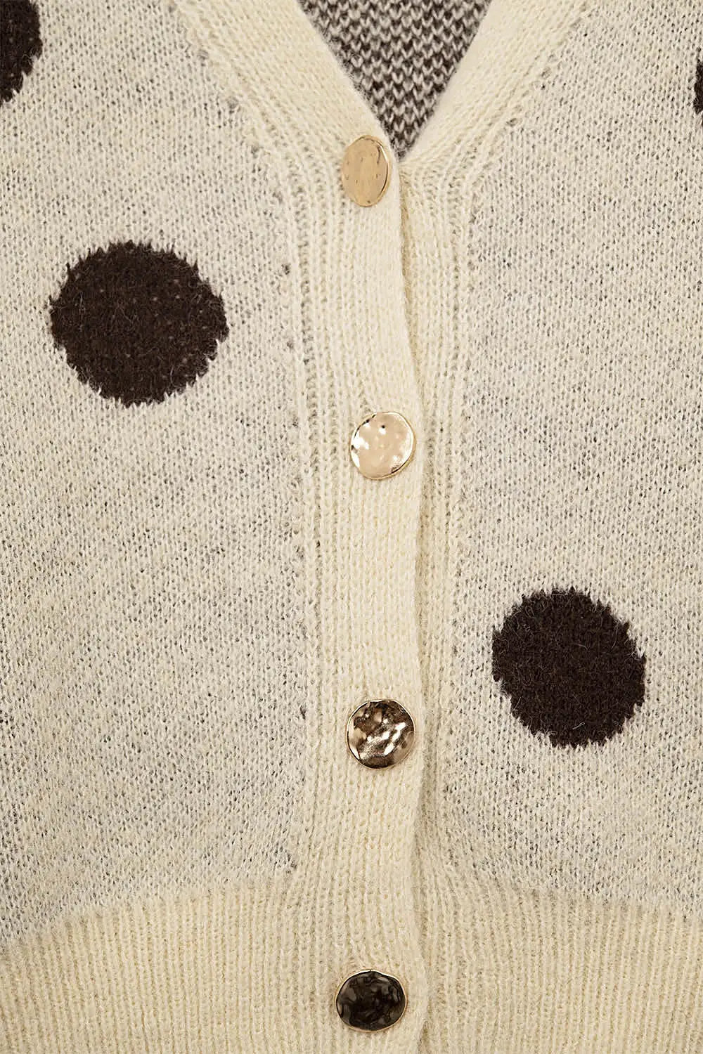 Cream knitted jacket with large brown polka dots and gold buttons - One Size / White - Sweaters