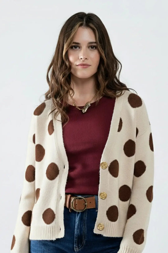 Cream knitted jacket with large brown polka dots and gold buttons - One Size / White - Sweaters