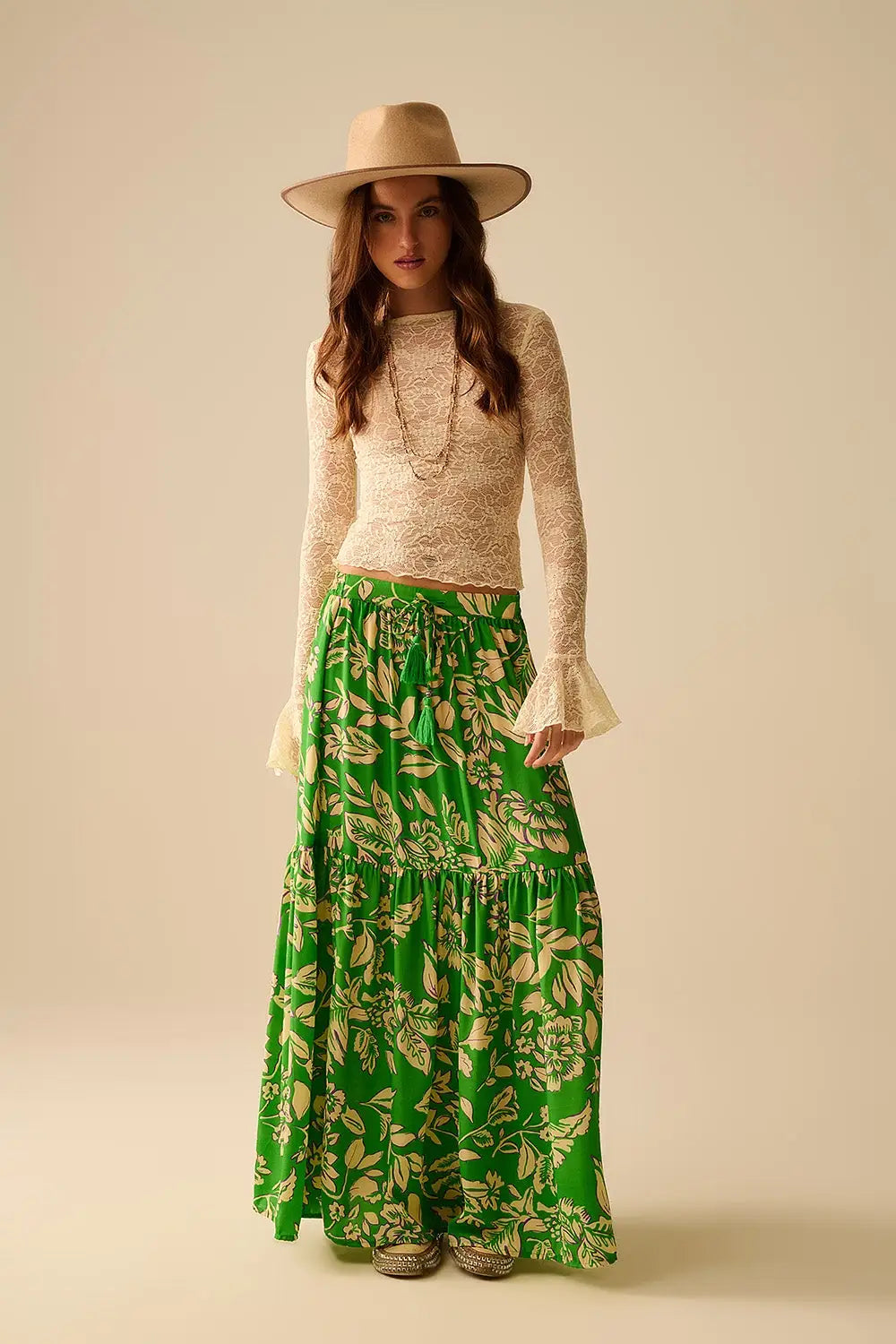 Cream lace top with long flared sleeves and ruffles - Tops