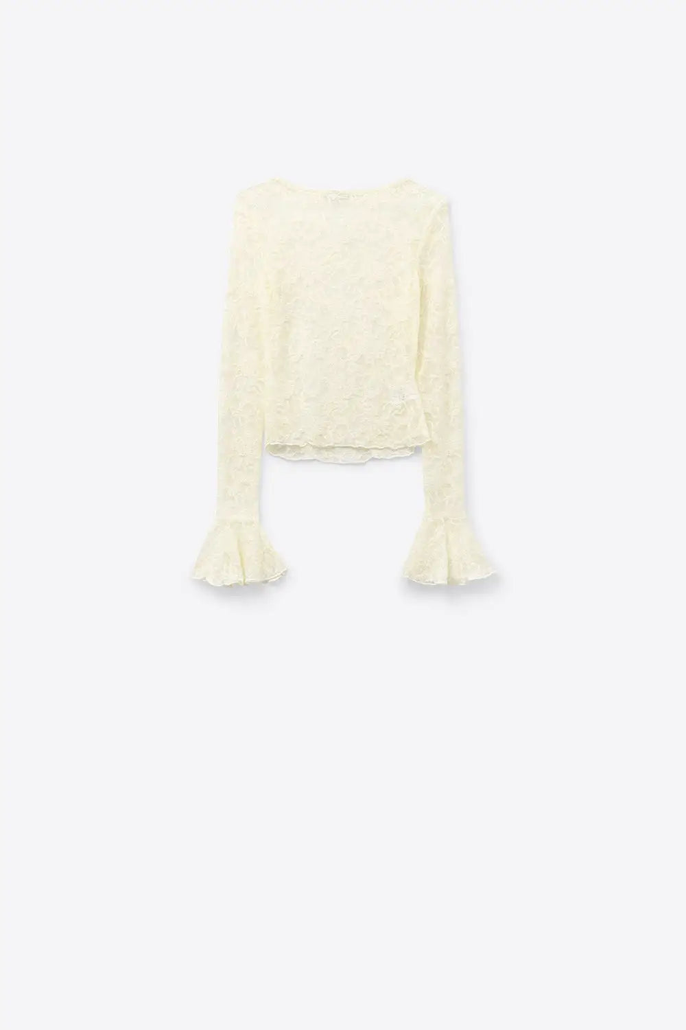 Cream lace top with long flared sleeves and ruffles - Tops