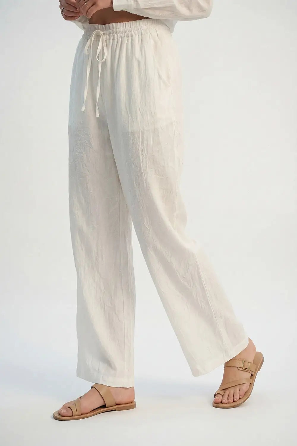 Q2 Cream Lightweight Crinkled Wide-Leg Pants with Elastic Waist